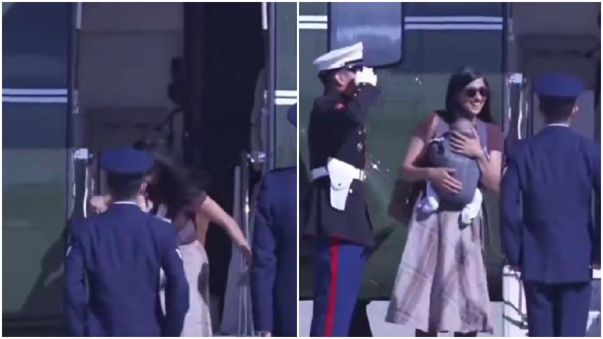 Usha Vance stumbles while exiting helicopter with infant son