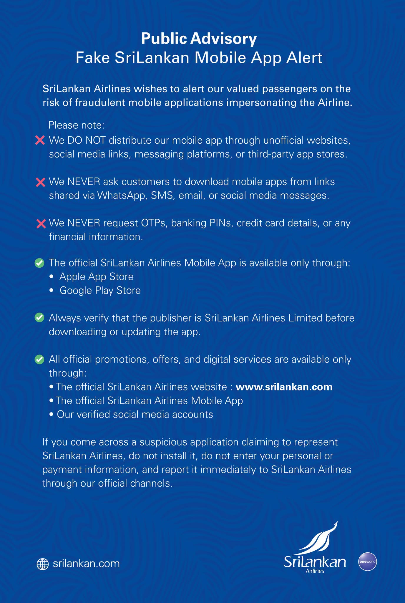 SriLankan Airlines alerts public to impersonation scams