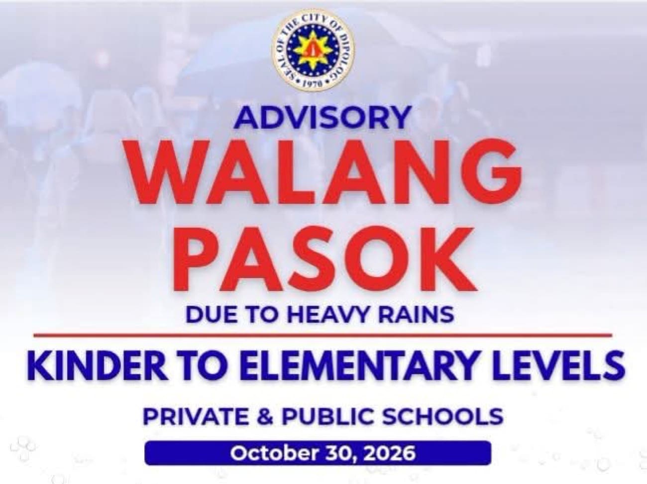 Dipolog suspends classes sa kindergarten at elementarya dahil sa malakas na ulan