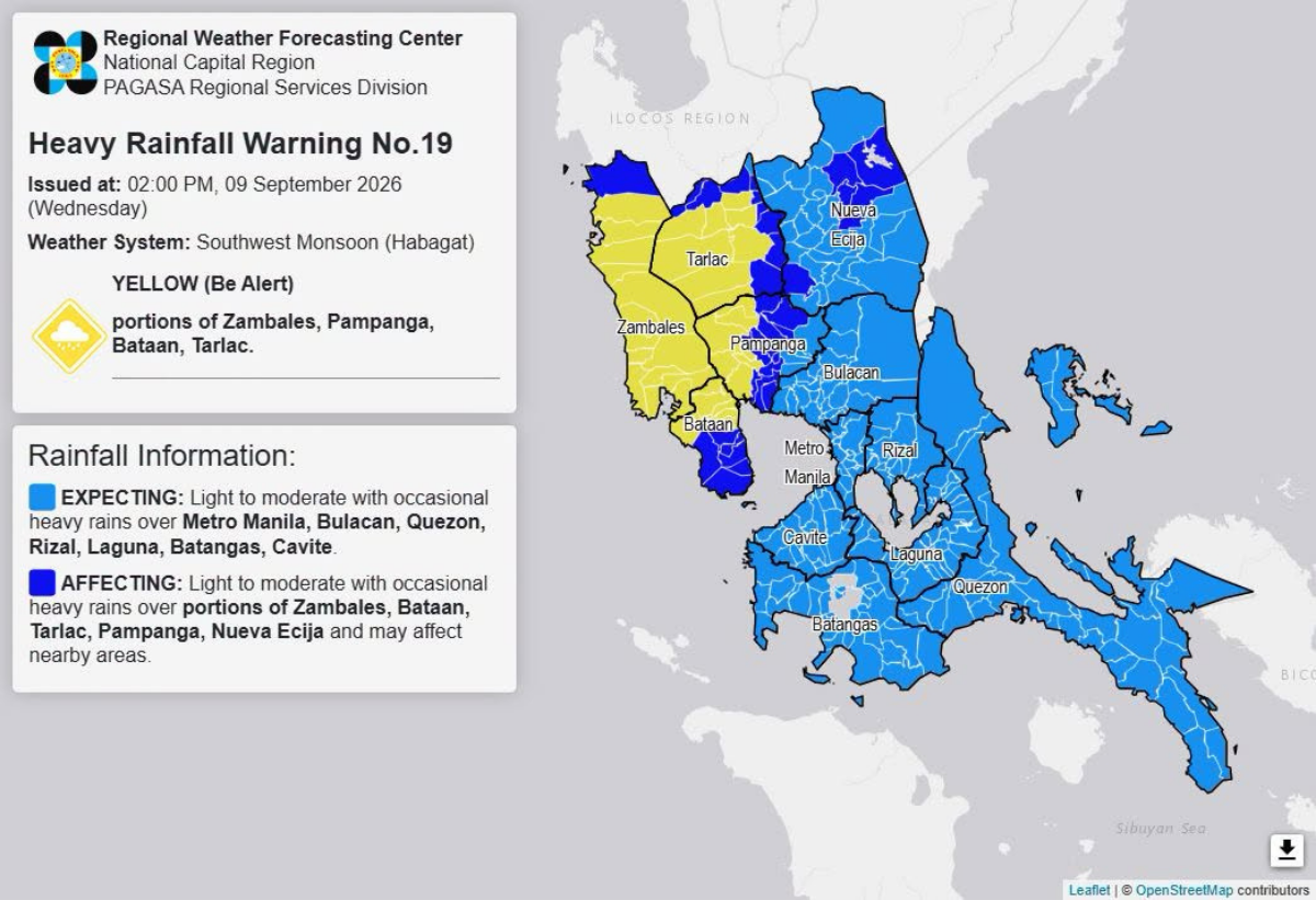 Babala sa malakas na ulan sa mga bahagi ng Gitnang Luzon Miyerkules