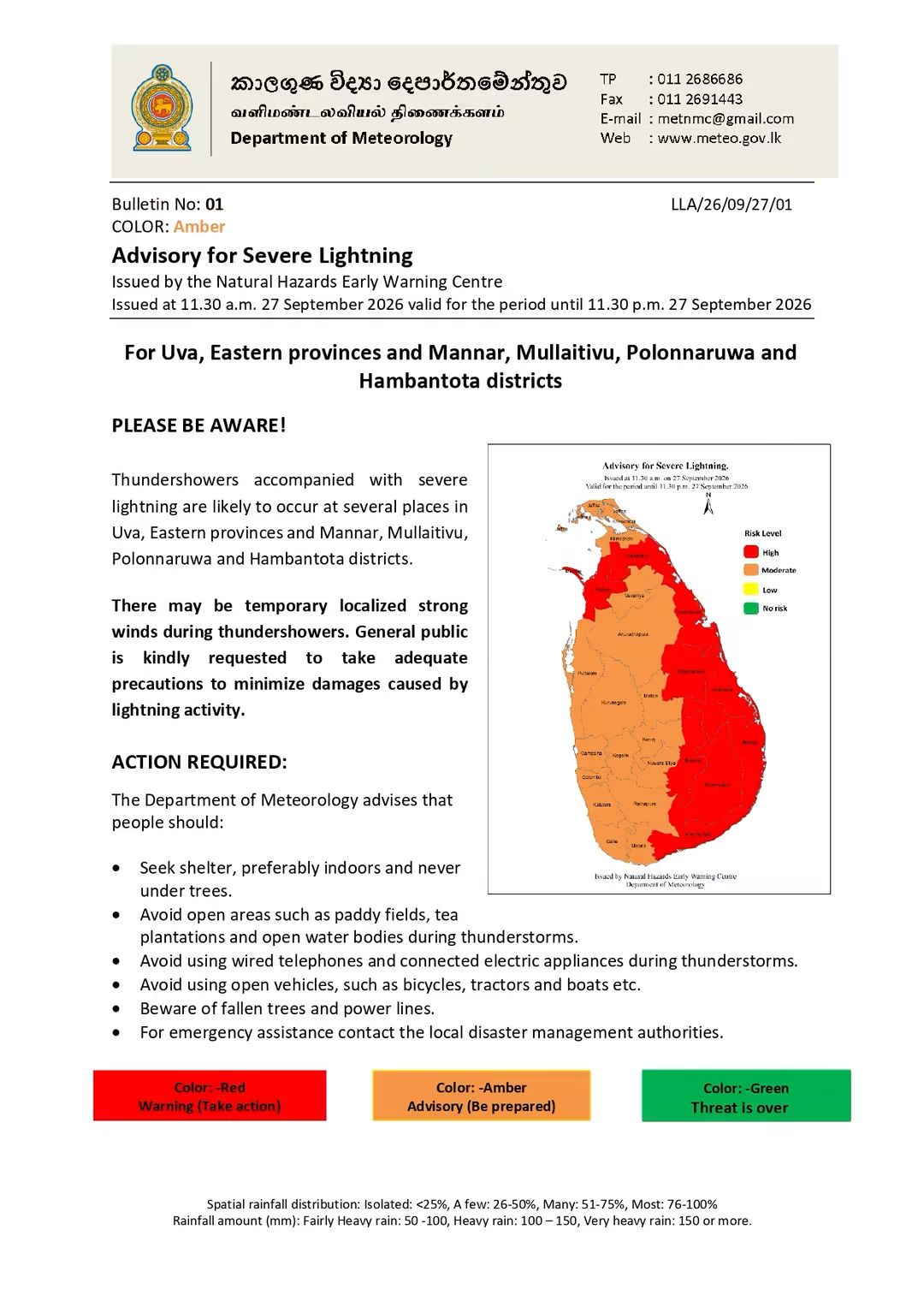 Meteorology warns of severe lightning risk across eastern Sri Lanka