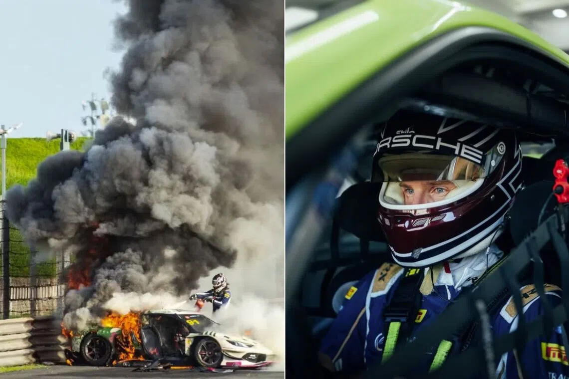 Race driver credits rival's quick thinking in fiery crash rescue