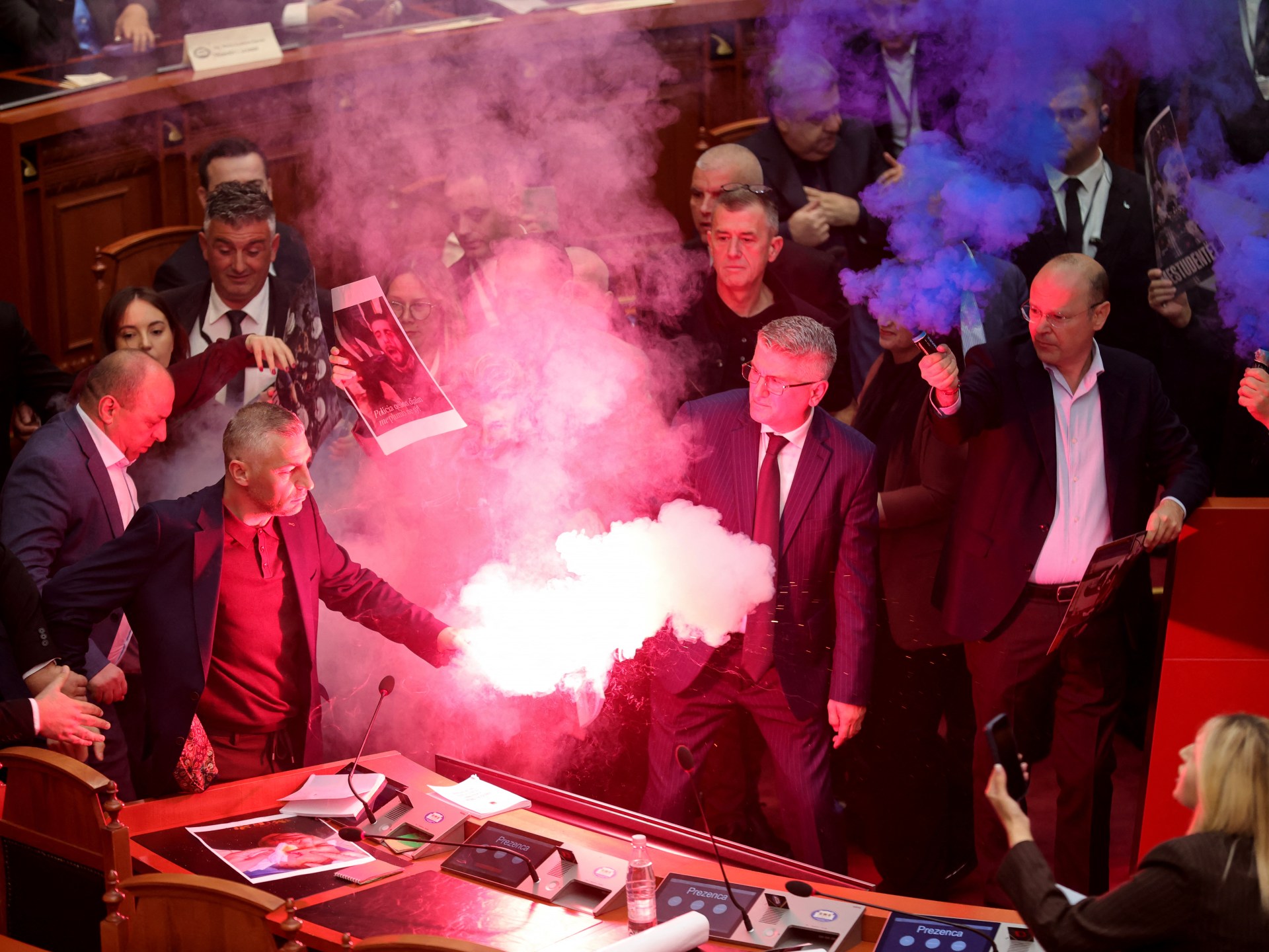 Albanian Opposition Disrupts Parliament With Flares, Smoke Bombs