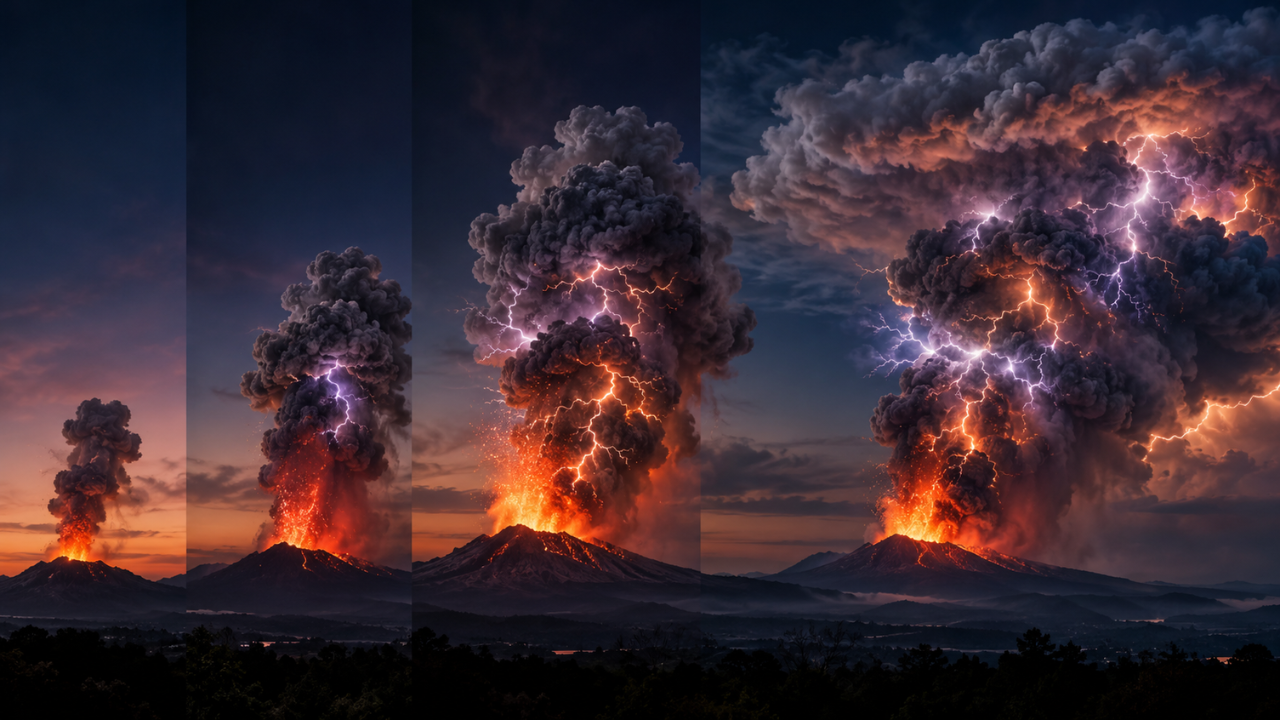 Volcanic lightning reaches peak intensity over an hour into major eruptions