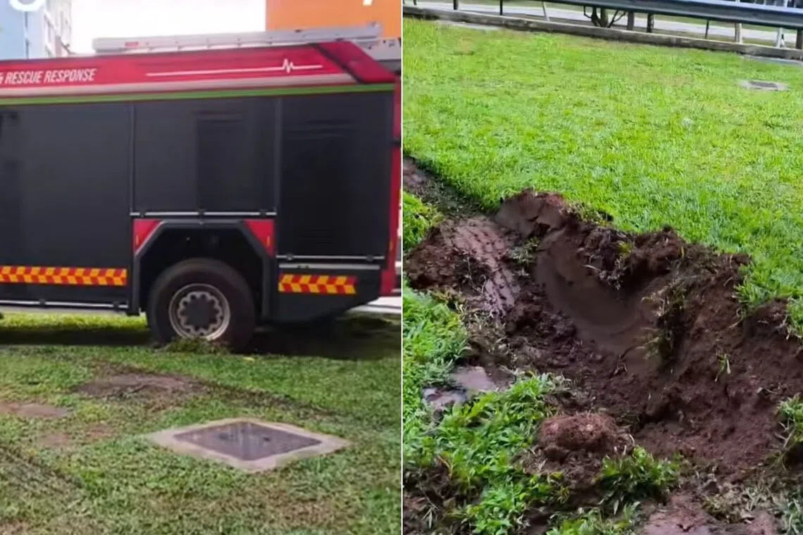 SCDF fire engine becomes mired in soft ground at Sengkang HDB estate