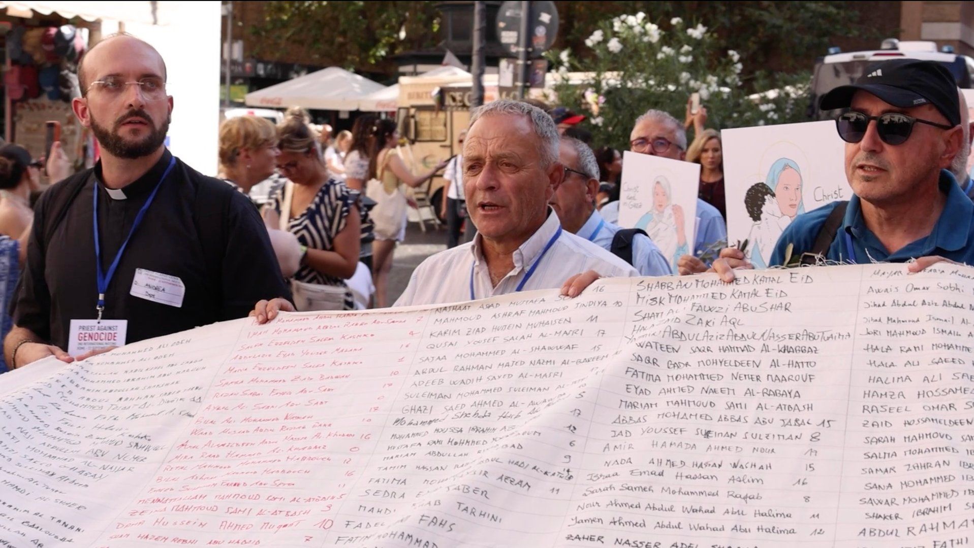 Clergy Group Displays Shroud Bearing Names of Slain Gaza Children