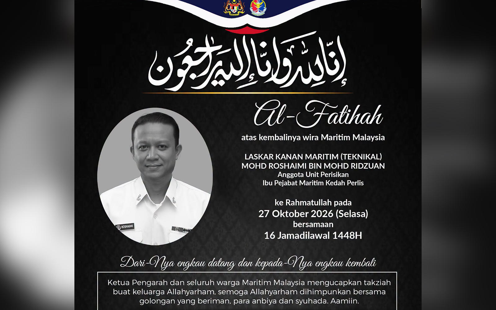 Pegawai APMM terbunuh dalam operasi kawalan sempadan di Kangar
