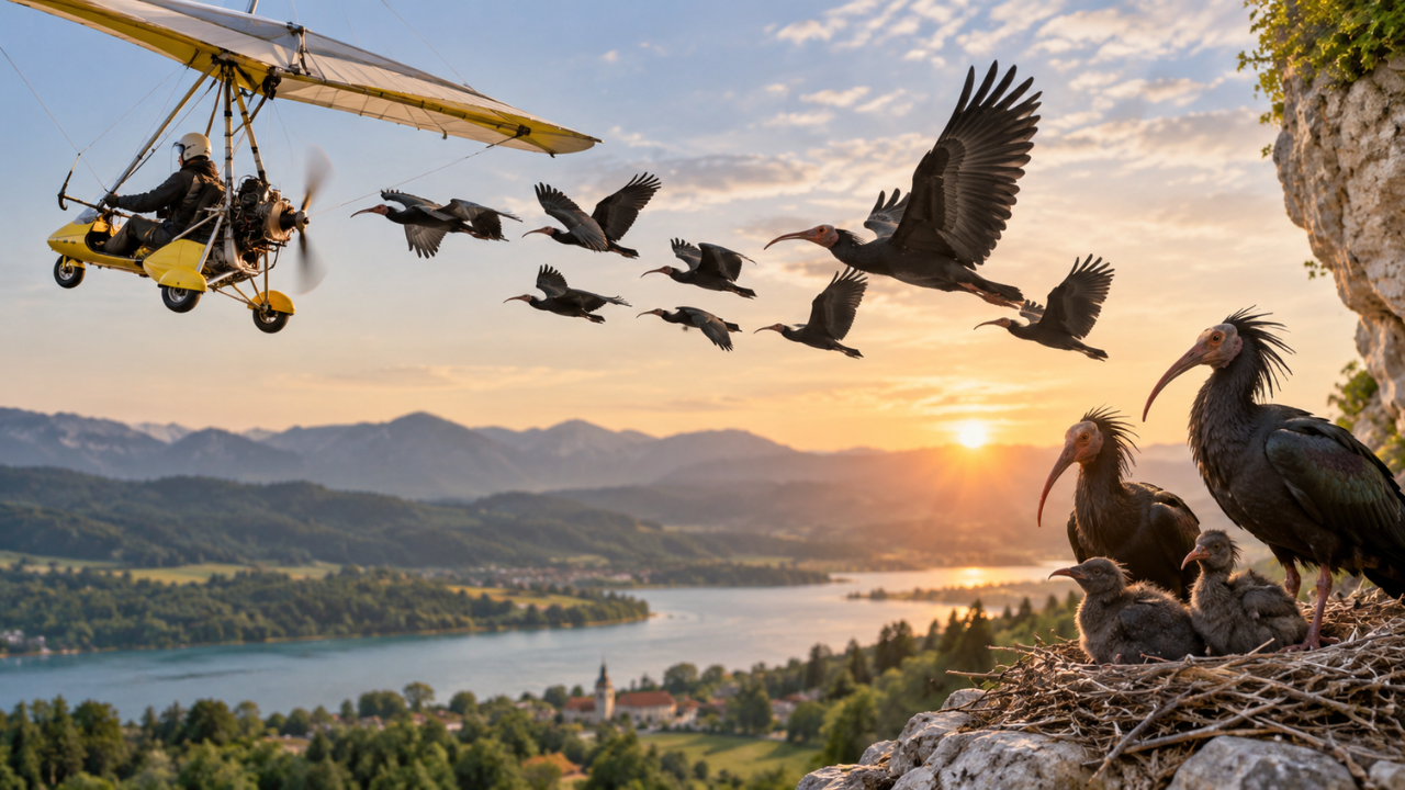 European scientists guide endangered ibises home via microlight aircraft