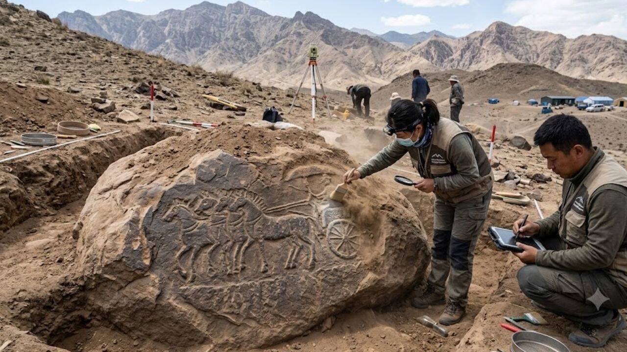 Rare four-horse chariot carving discovered in China's Helan Mountains