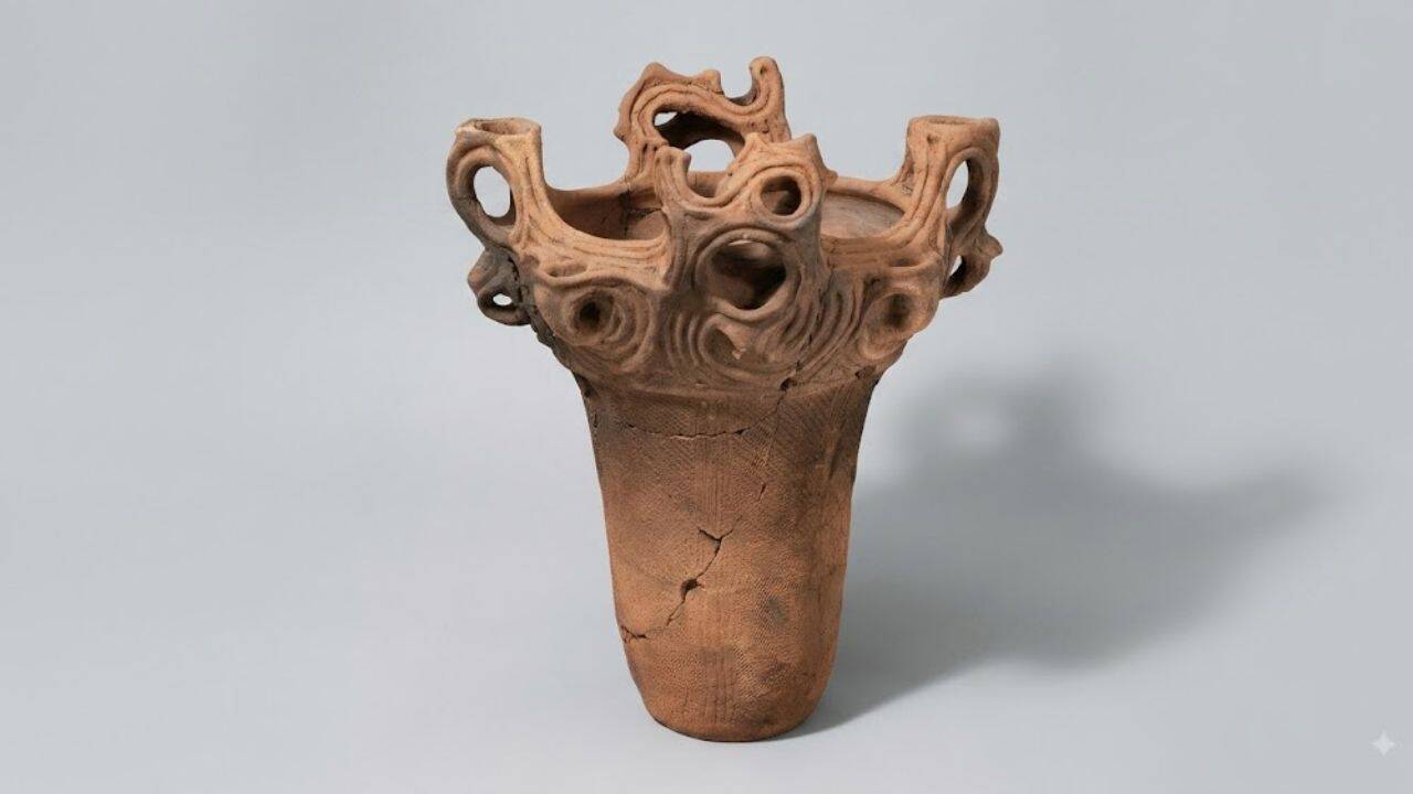 Ancient Japanese ceramic pot with flame-like rim showcased in New York