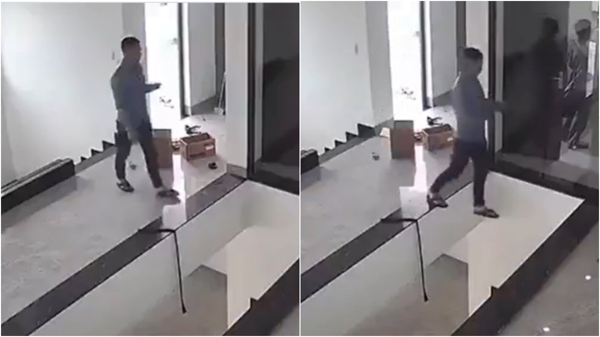Distracted by Phone, Man Falls from Ceiling in Viral Video