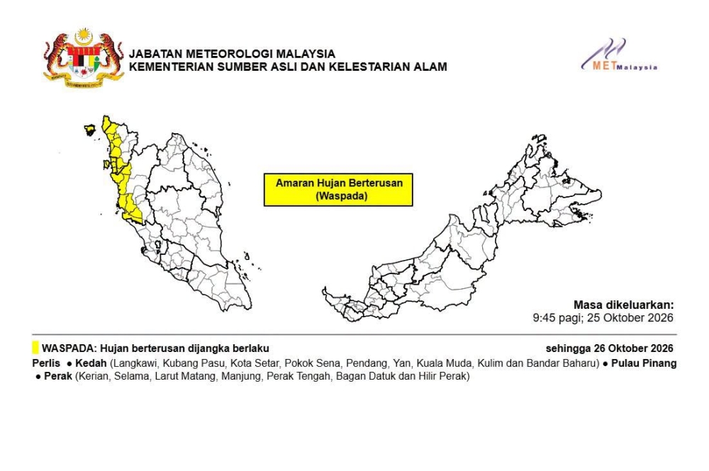 MetMalaysia Keluarkan Amaran Hujan Berterusan untuk Pulau Pinang dan Utara