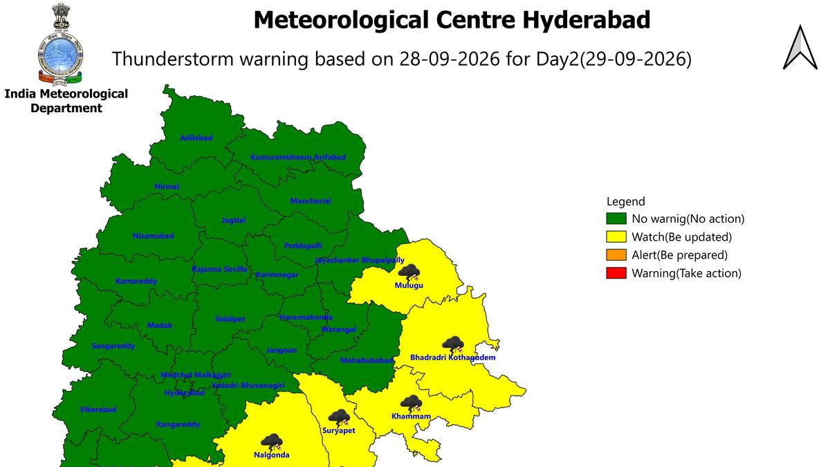 तेलंगाना के आठ जिलों में 29 सितंबर को तूफानी बारिश की संभावना