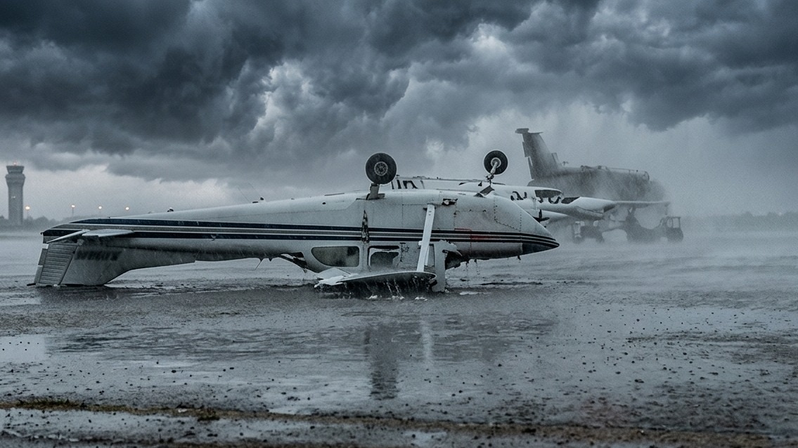 Powerful downdraft flips aircraft at Italian airport in dramatic weather event