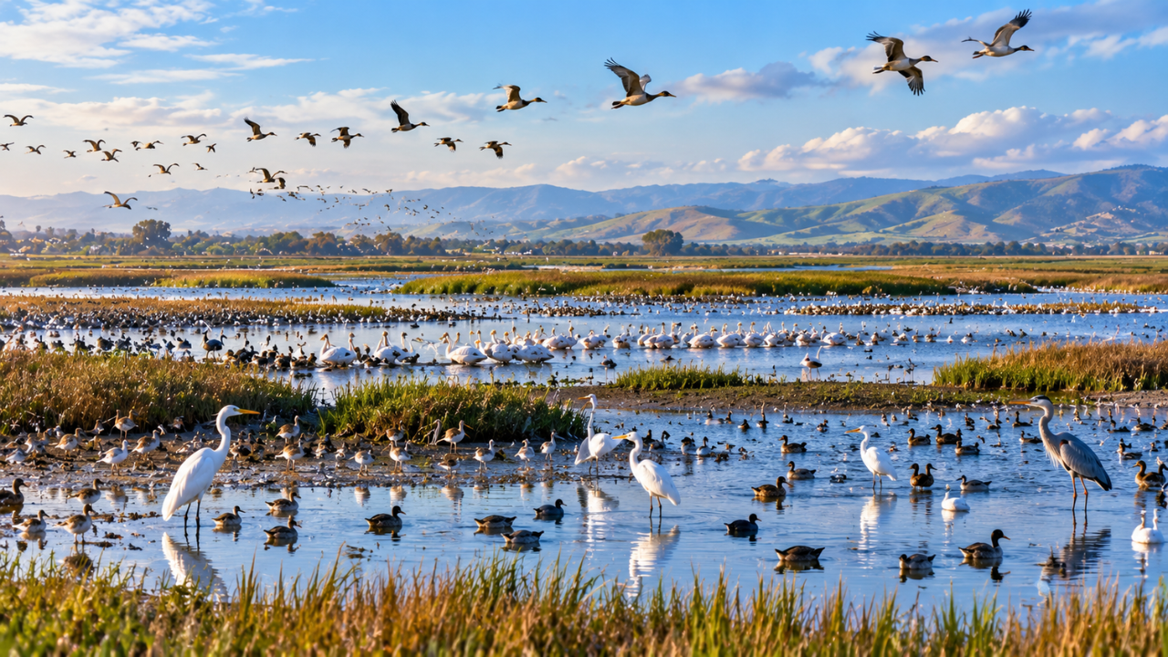 California dairy farm converted to wetlands attracts thousands of waterbirds