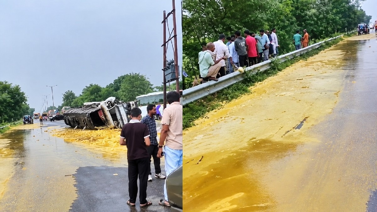 Ghee truck overturns on Moradabad highway, triggers scramble among locals