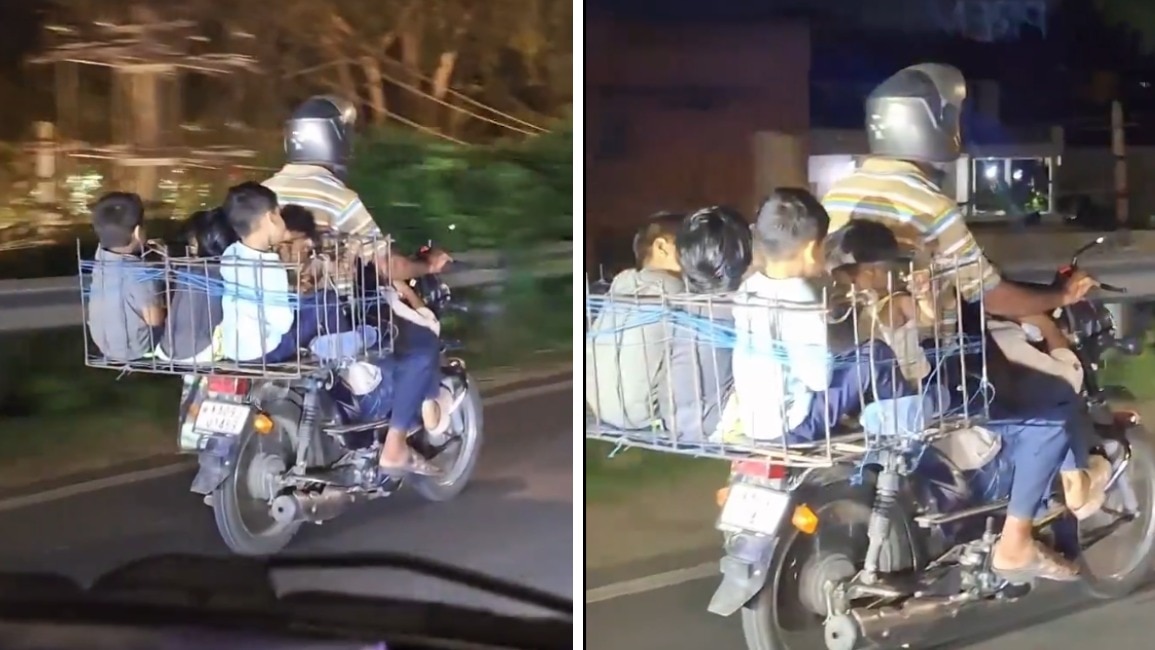 Karnataka man caught transporting five children dangerously on motorcycle