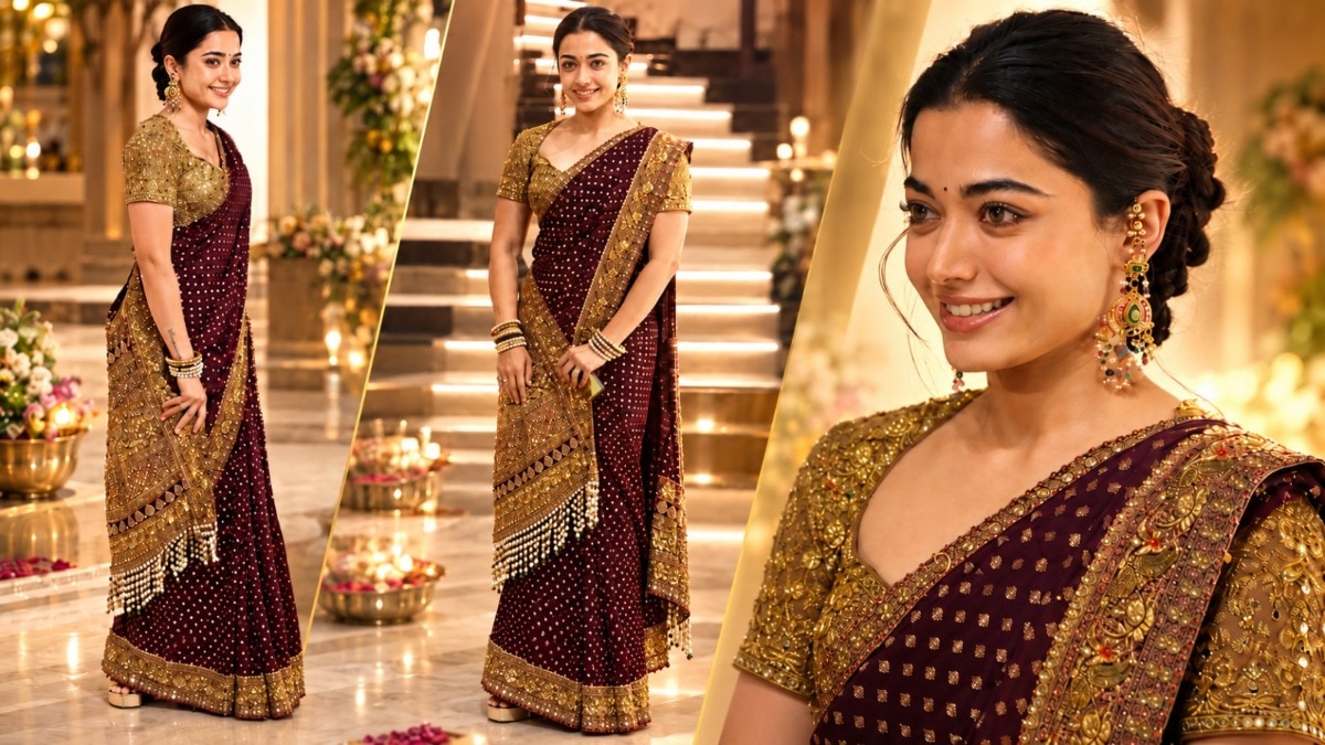 Rashmika Mandanna stuns in royal purple and gold saree at Ambani event